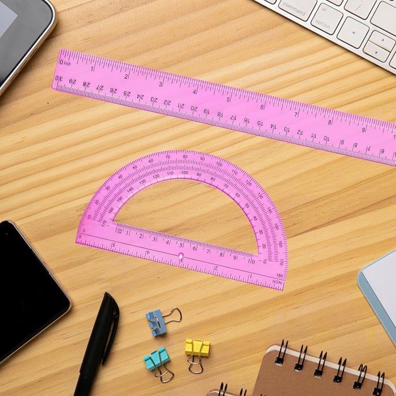 Tdfronien 2 Packs 12 Inch Plastic Ruler and 6 Inch Plastic Protractor Set Clear Math Geometry Set Classroom Set Angle Detector School Supplies Classroom Ruler Home Office Drawings (Pink) - Image 4